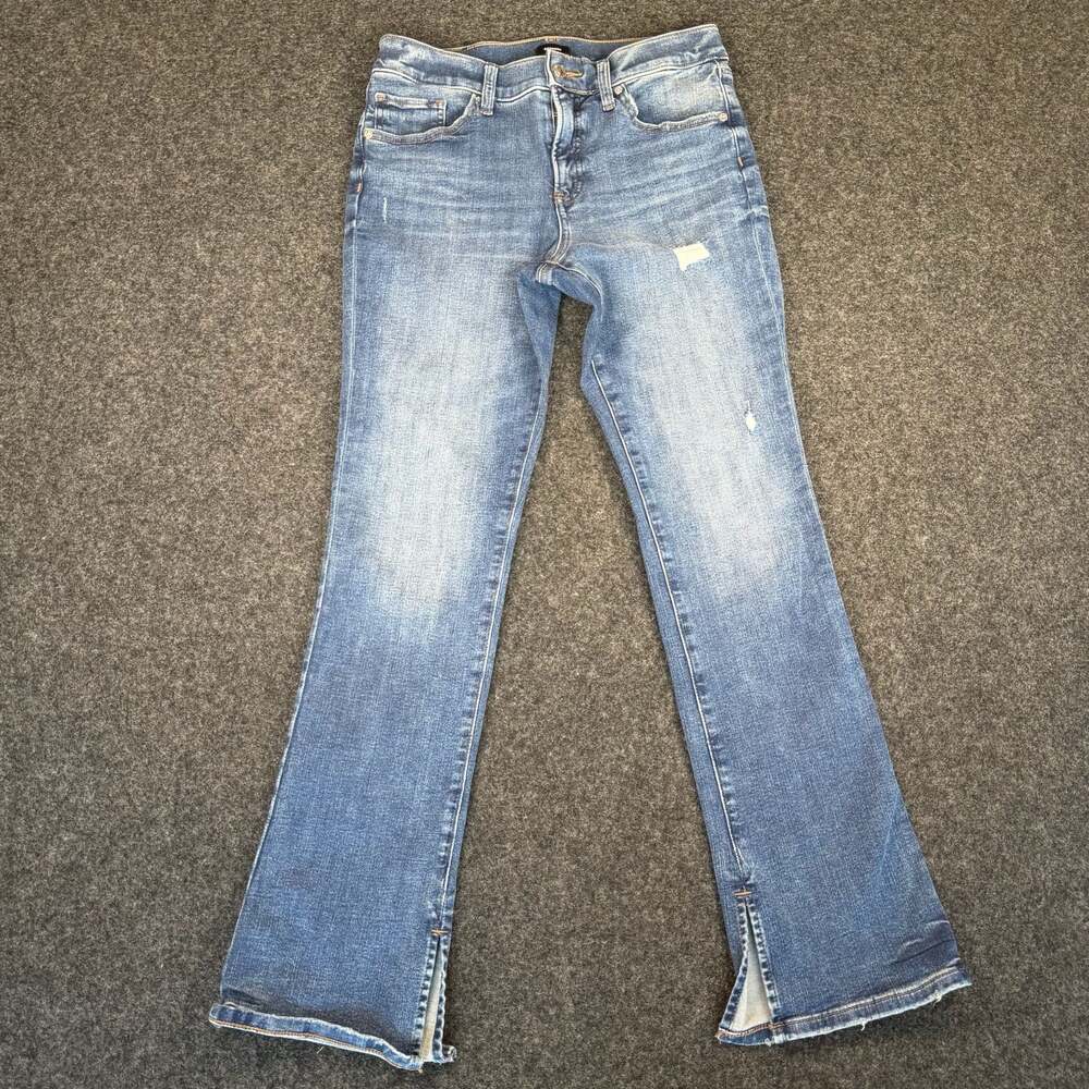Express Skyscraper Mid Rise Hyper Stretch Distressed Flare Jeans with Split Hem